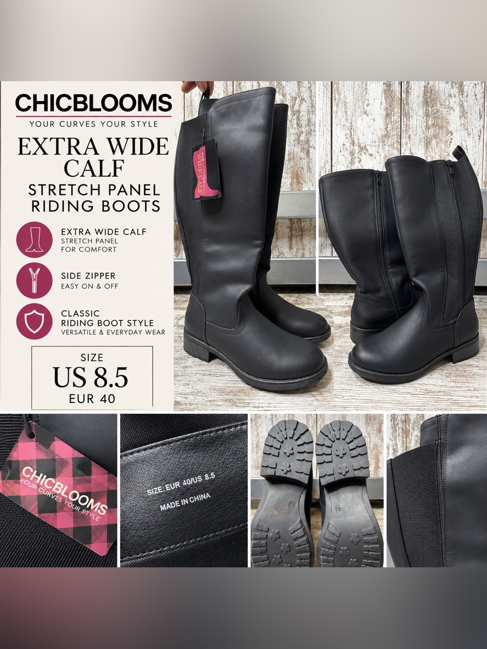 Chicblooms Extra Wide Calf Riding Boots Women’s 8.5 EU 40 Black Knee High NWT